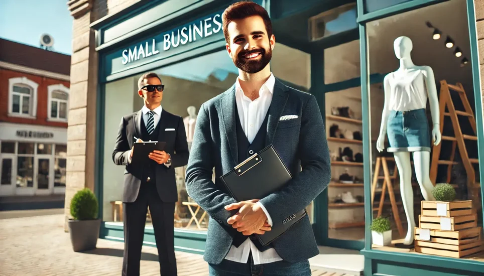 A confident small business owner standing proudly in front of their storefront, dressed professionally, with a welcoming smile. In the background